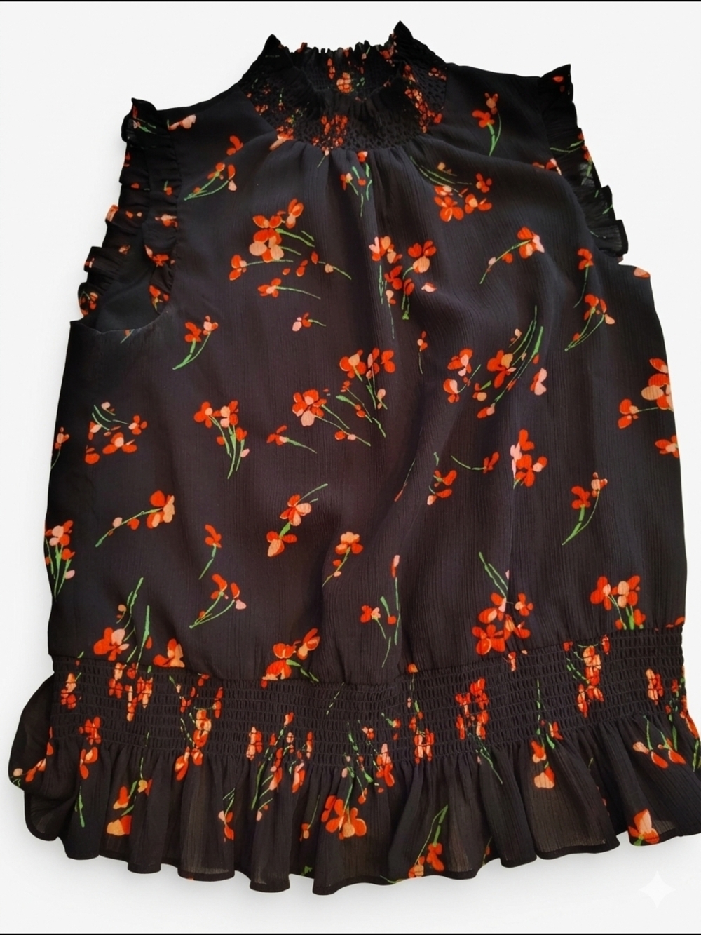 J.Crew Black Chiffon Floral Sleeveless Smocked‎ Top Sz 00